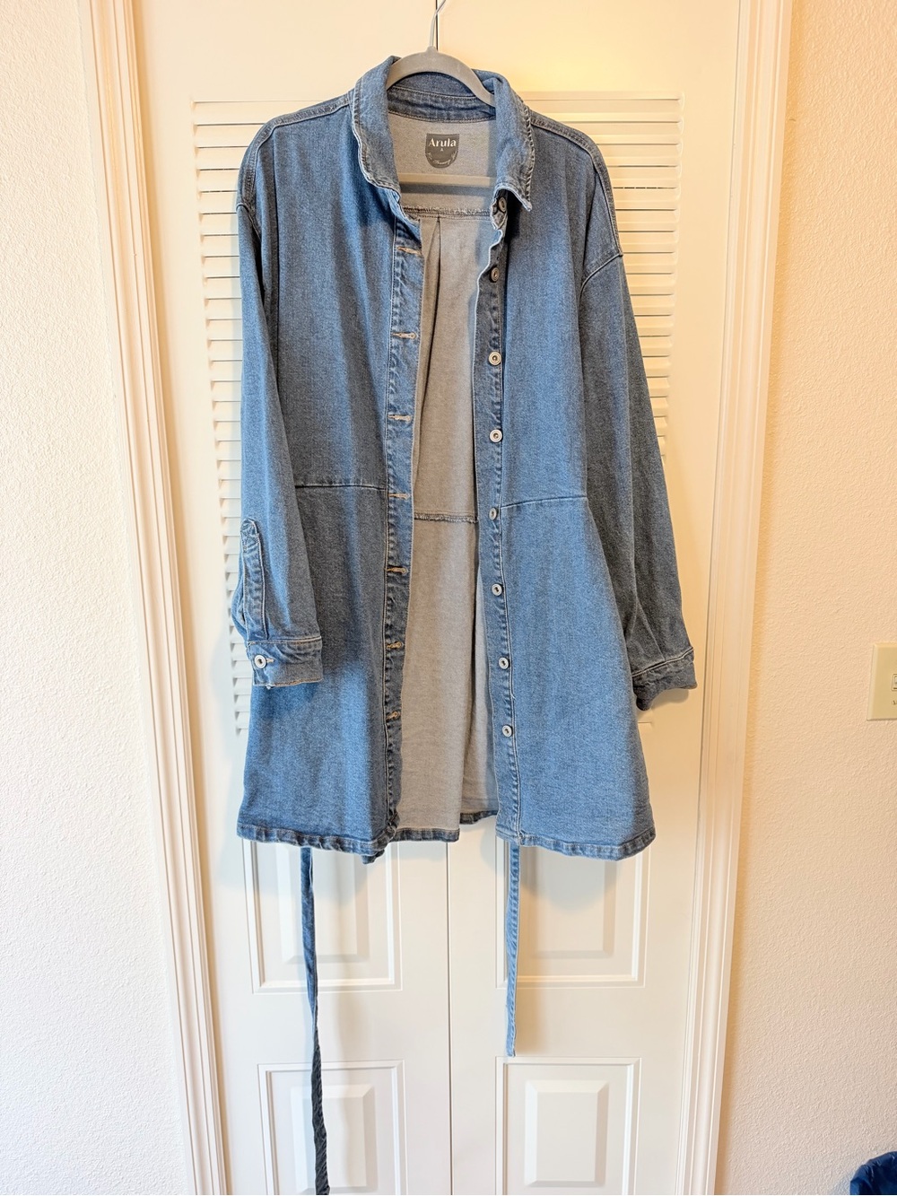 ARULA Medium Blue Longline Denim Shirt Jacket with Waist Ties